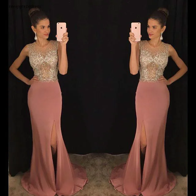 

2019 Sexy Long Side Split Prom Dress Pink Sheer Jewel Neck Formal Holidays Wear Graduation Evening Party Gown Plus Size