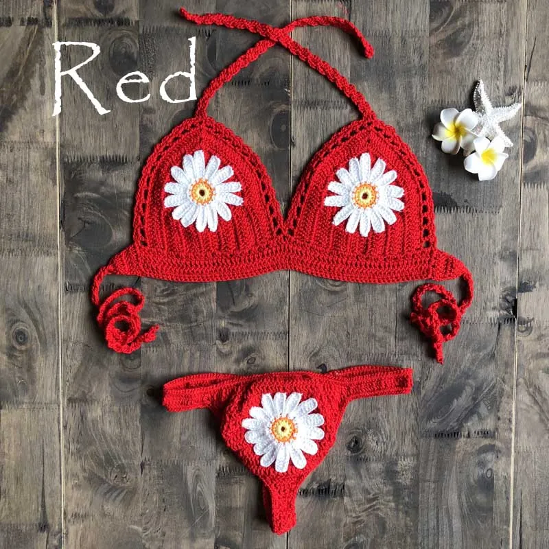 New Fashion Beach Bikini Set Knitting Swimsuit Crochet Bohemia Style Off Shoulder Bathing Handmade Sexy Bikini - Цвет: red