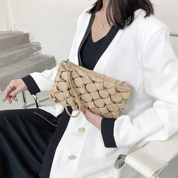 

Fashion PU Leather Woven Handbags Shoulder Bag For Women 2020 New Metal Chain Crossbody Messenger Bag Female Hollow Out Clutches