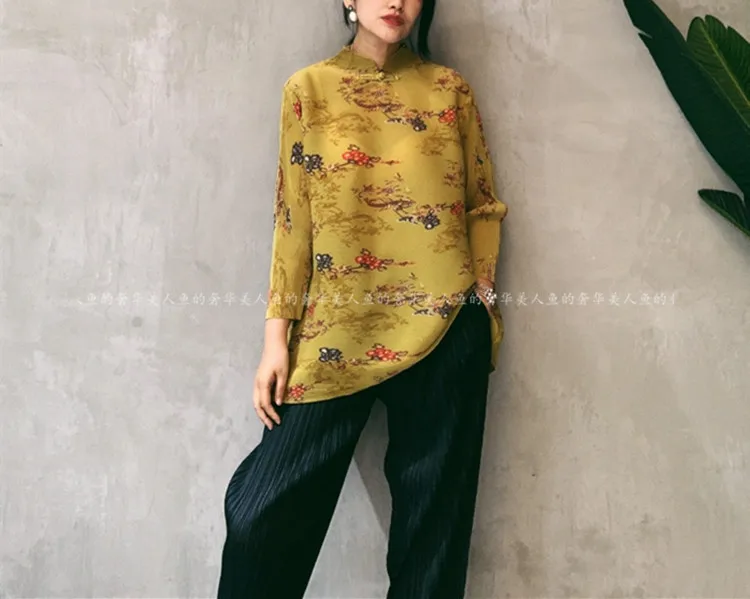 Горячая Miyake fold три четверти футболка воротник Мандарин печать футболка