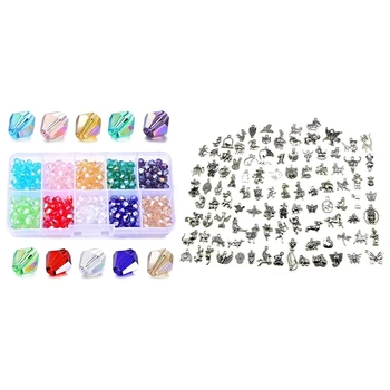 

100 Pcs Animal Charms Mixed Tibetan Pendant Charms & 1 Box 400 Pcs Romantic Jewelry Crystal Glass Beads