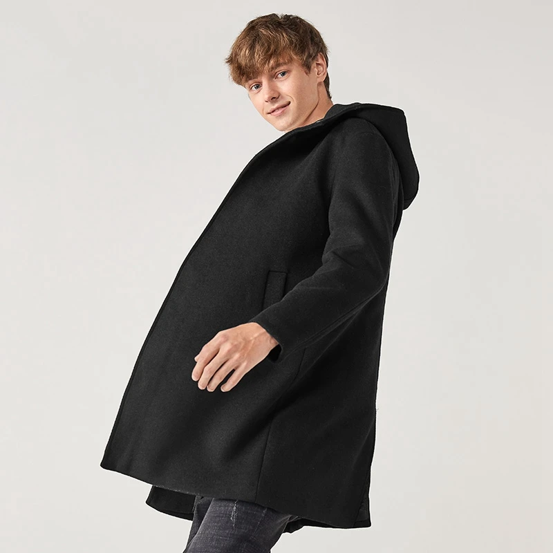 SEMIR, Мужское пальто с капюшоном, длинное, зима, новинка, корейский стиль, шерстяная шерсть, теплая куртка, Мужская деловая верхняя одежда - Цвет: black