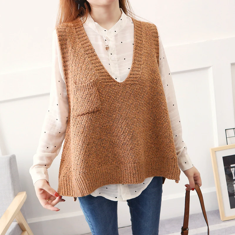 Коричневый Oversized women sweater vest Autumn winter plus size women sweaters Fashion V neck casual knitting pullover with pocket - Цвет: Коричневый