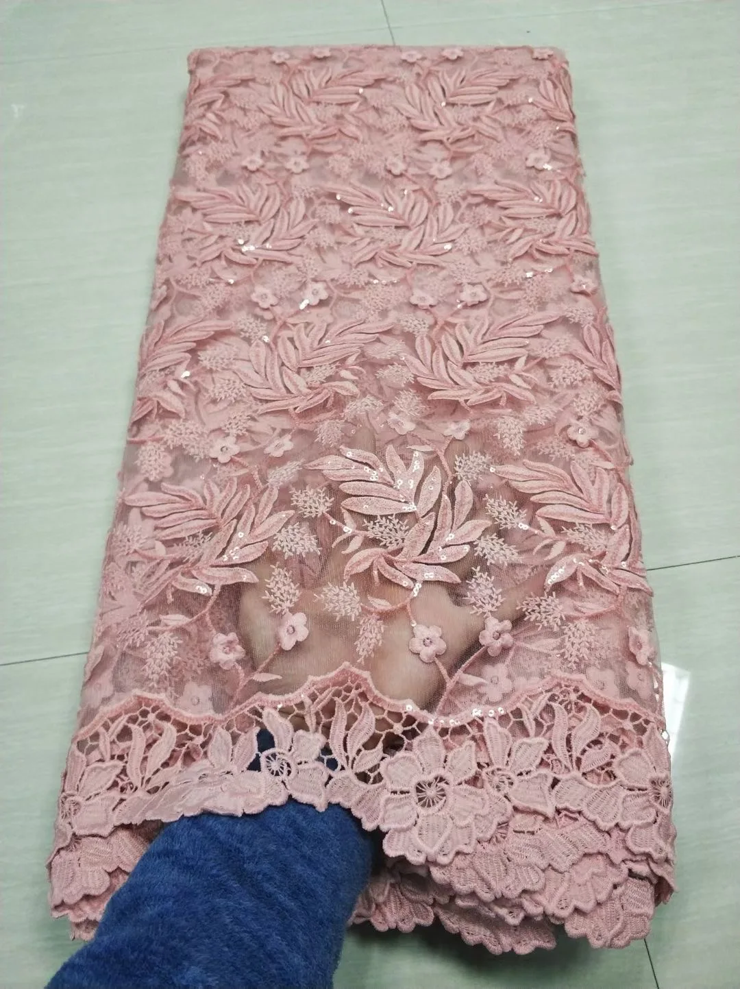 

Pink African Lace Fabric With Sequins French Mesh Lace Fabric Embroidery Soft Milk Silk For Wedding Party Dress HFM4905