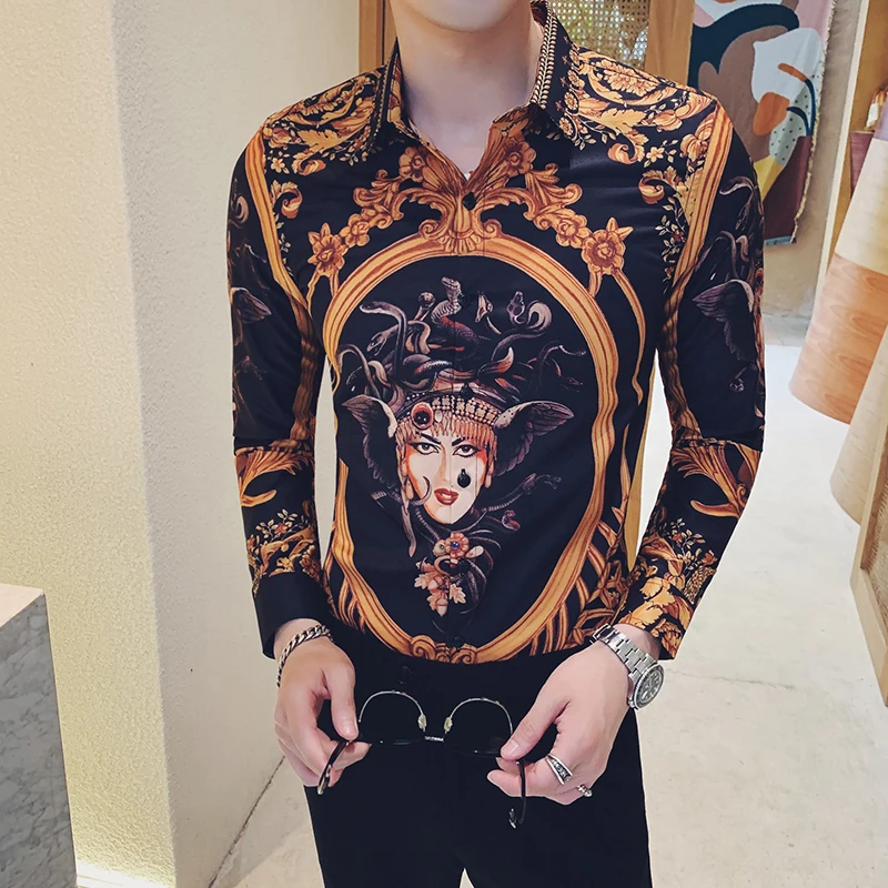

High Quality Men Floral Shirts Long Sleeve Autumn New Luxury Print Shirt Mens Casual Slim Fit Tuxedo Shirt Dress Blouse Homme