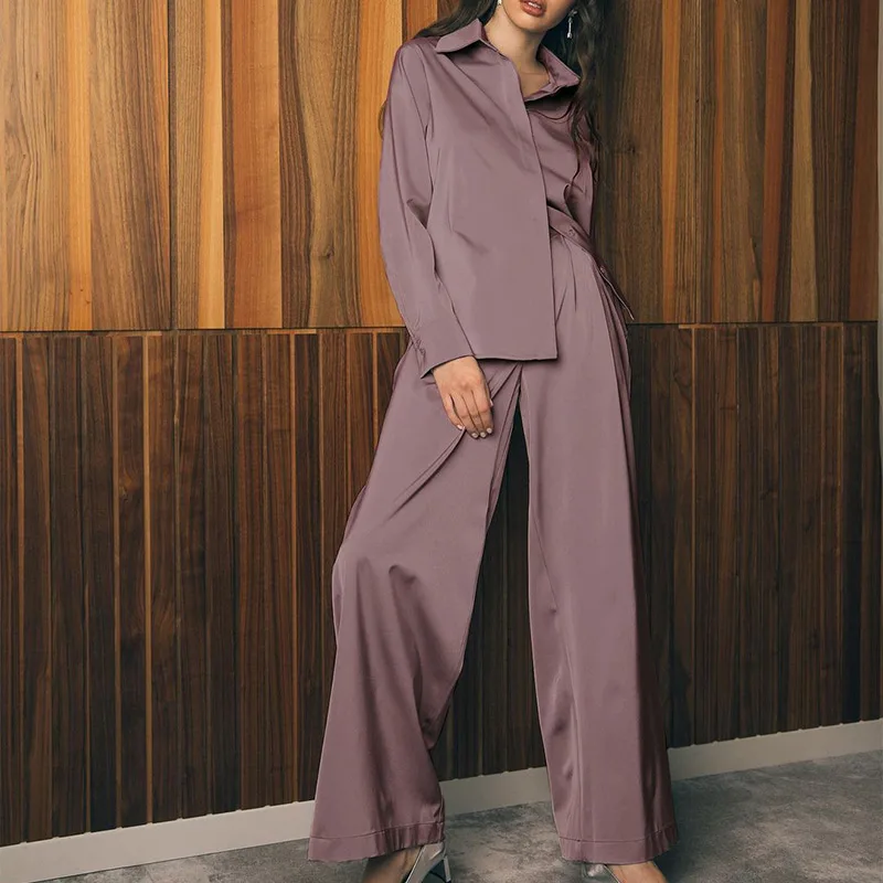 Conjunto de 2 piezas formado por Top y pantalón, traje para casa de satén azul, manga larga, color marrón, suelto, informal, sólido, para primavera