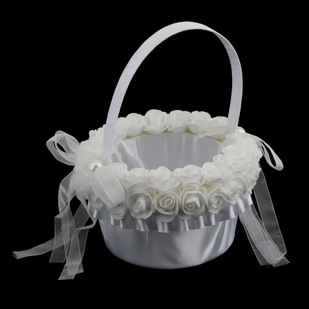 strimusimak Flower Boy Girl Basket Romantic Rose Bowknot Satin Flower Basket Holder for Wedding Ceremony Party Supplies 