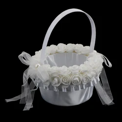 Elegant Satin Wedding Romantic Ceremony Party Flower Girl Basket with Rose & Lace Ribbons Decoration - White