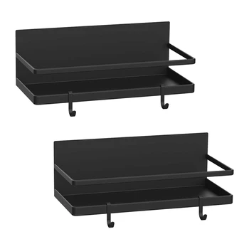 

netic Spice Rack, Shelf with 2 Removable Hooks, for Small Kitchen/Apartment, Cabinet for Holding Spices(Black, 2Pack)