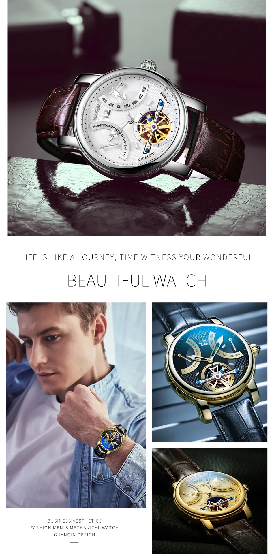 GUANQIN Luminous Watch For Men Automatic Mechanical Wristwatches Watches Luxury Butterfly buckle Push Button Hidden Clasp