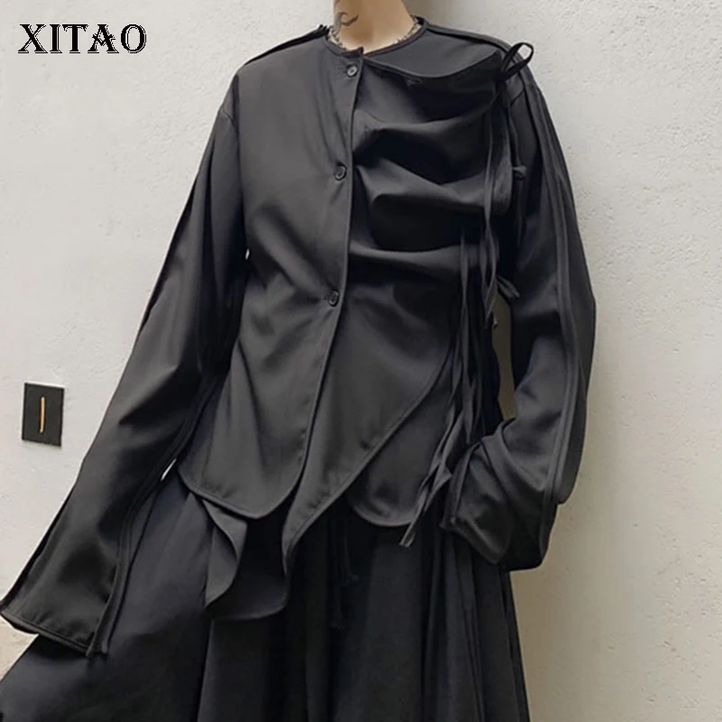 XITAO Tide Асимметричная плиссированная блуза с бантиком Черная Женская одежда Модная элегантная рубашка Топ пуловер осень GCC1641