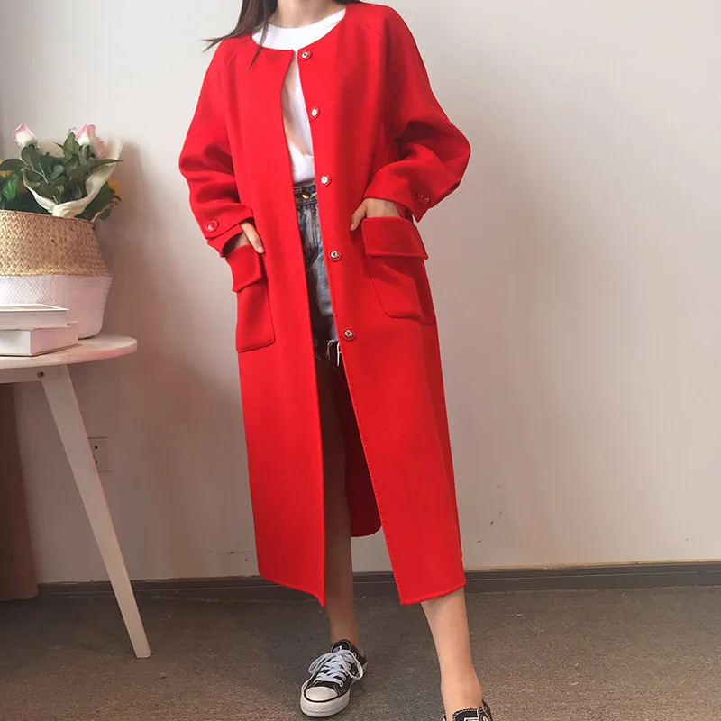 

Star's Double-sided Wool Red Medium-length Wool Overcoat In 2019 Long O-Neck Single Breasted Long Coats and Jackets Women
