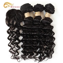 3 Bundles Short Deep Wave Human Hair With Cloure Brazilian Curly Weave Human Hair Bundles With Machine Closure For Women