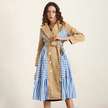 

Patchwork Striped Hit Color Women's Windbreaker Notched Long Sleeve High Waist Sashes Coat Female 2020 Autumn New