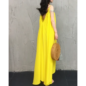 

Summer Beach Dress Long Chiffon Solid Yellow Sleeveless Loose Backless Party Dresses Women 2019 Vestidos Female Good Quality