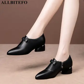 

ALLBITEFO size 34-42 bow design natural genuine leather women heels shoes pointed toe fashion kitten heels high heel shoes
