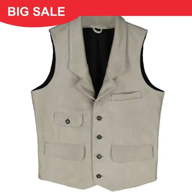 

2020 White Men Vintage Casual Leather Vest Single Breasted Plus Size XXXL Genuine Cowhide Spring Slim Fit Natural Leather Vest