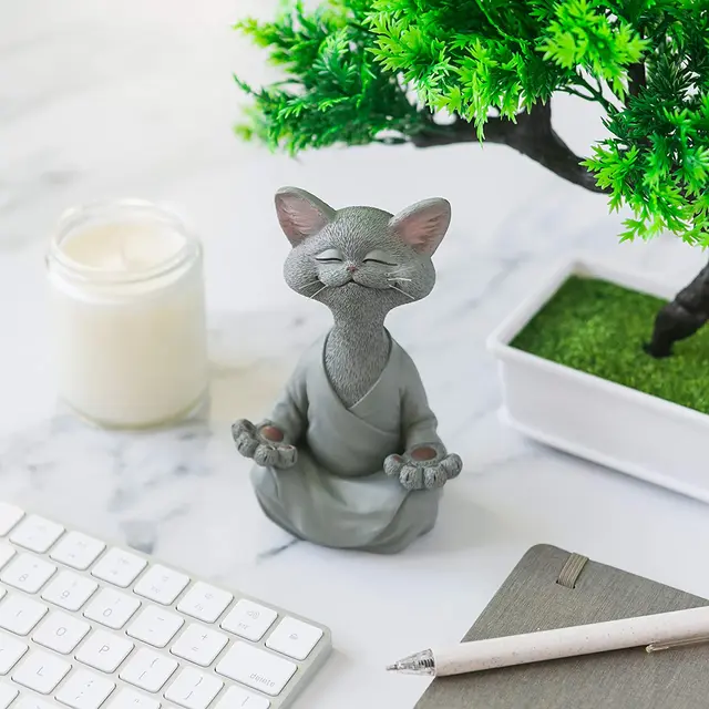 Whimsical Grey Black Buddha Cat Figurine Meditation Yoga Collectible Happy Cat Sculptures Resin Home tuin decoratie Miniatures 6