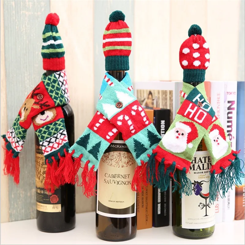 

New Christmas Bottle Decoration Scarf&Hat Knitted Red Wine Bottle Kit Santa Claus Snowman Elk Hat For Wedding Party Table Decor