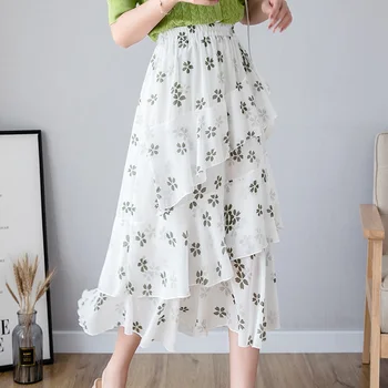 

Women skirt New 2020 Summer ruffles chiffon skirt Fashion casual Flower print A-Line skirt lady skirt