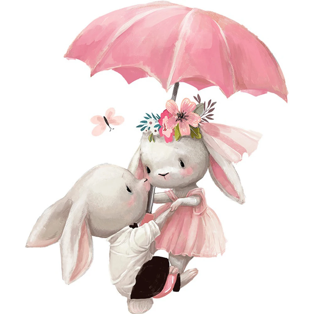 Cartoon Couple Bunny Under Umbrella Wall Sticker Kids Room Easter Party  Rabbit Wallpaper Home Decoration Mural Wall Decals