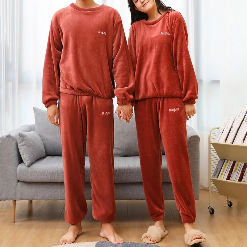 2021 New Home Pajamas For Couples Set Thick Warm Coral Fleece Homewear Winter Lounge Soft Loose Pajamas Women Home Clothes Suits white cotton pyjamas