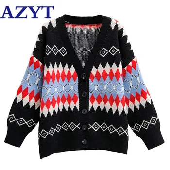 

AZYT Autumn Winter New Print Knitted Cardigan Female Jacket 2020 V Neck Loose Argyle Women's Sweater Coat Streetwear Knitwear