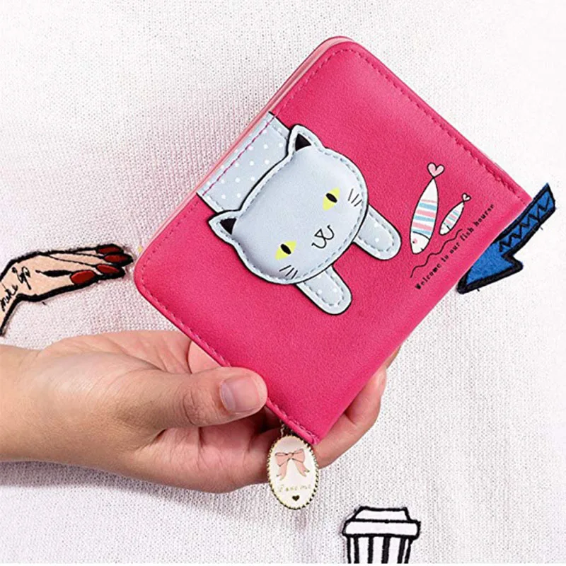 Женский кошелек для девочек милый кошелек с кошкой с рисунком котенка складной кошелек держатель для карт на молнии Короткие Кошельки