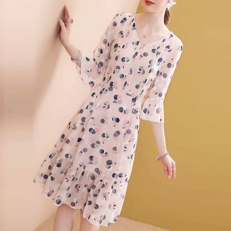 

Ozhouzhan Spring Clothing Printed Polka Dot Waist Hugging Bell Sleeve Dress Women's Mid-length 2019 New Style Popular Skirt