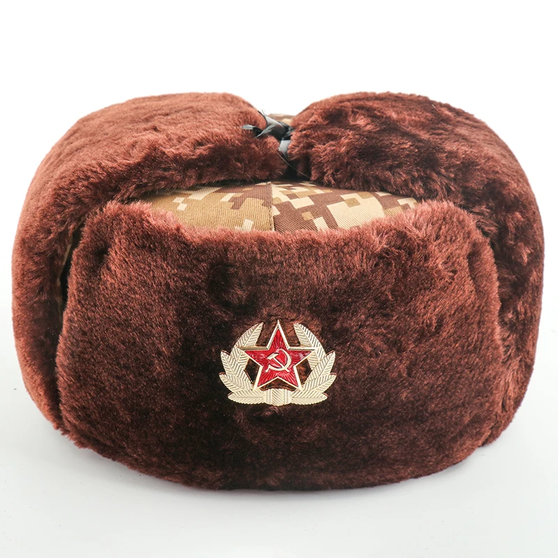 BN Soviet Badge CAMOLAND, шапка-ушанка из искусственного меха, мужская, Советская армия, военный значок, шапки-бомберы, зимняя теплая камуфляжная шапка-ушанка, русская снежная шапка s - Цвет: BN Soviet Badge