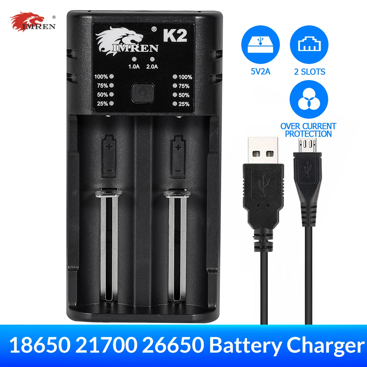 IMREN K2 USB 5 в 2 а зарядное устройство для перезаряжаемых батарей 14500 16650 17650 18650 26650 A AA