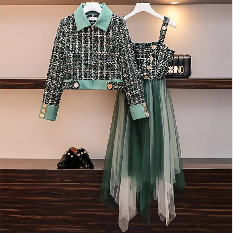 Coat and Dress Новое поступление твидовый клетчатый короткий жакет и твидовое лоскутное длинное платье в сеточку комплект из 2 предметов размера плюс M-4XL - Цвет: Coat and Dress