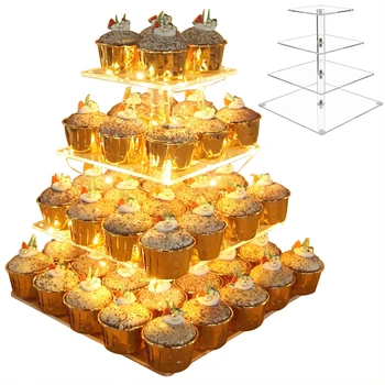 

4 Tier Environmentally Friendly Acrylic LED Light Cake Display Stand With LED String Light For Wedding Birthday Baby Shower