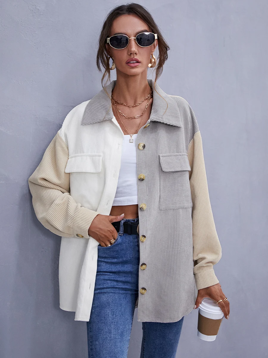 Women's Button Down Oversize Shirt Beige Gray Patchwork Pocket Autumn Casual Blouse Ladies Soft Loose Corduroy Shirts Outfit Top