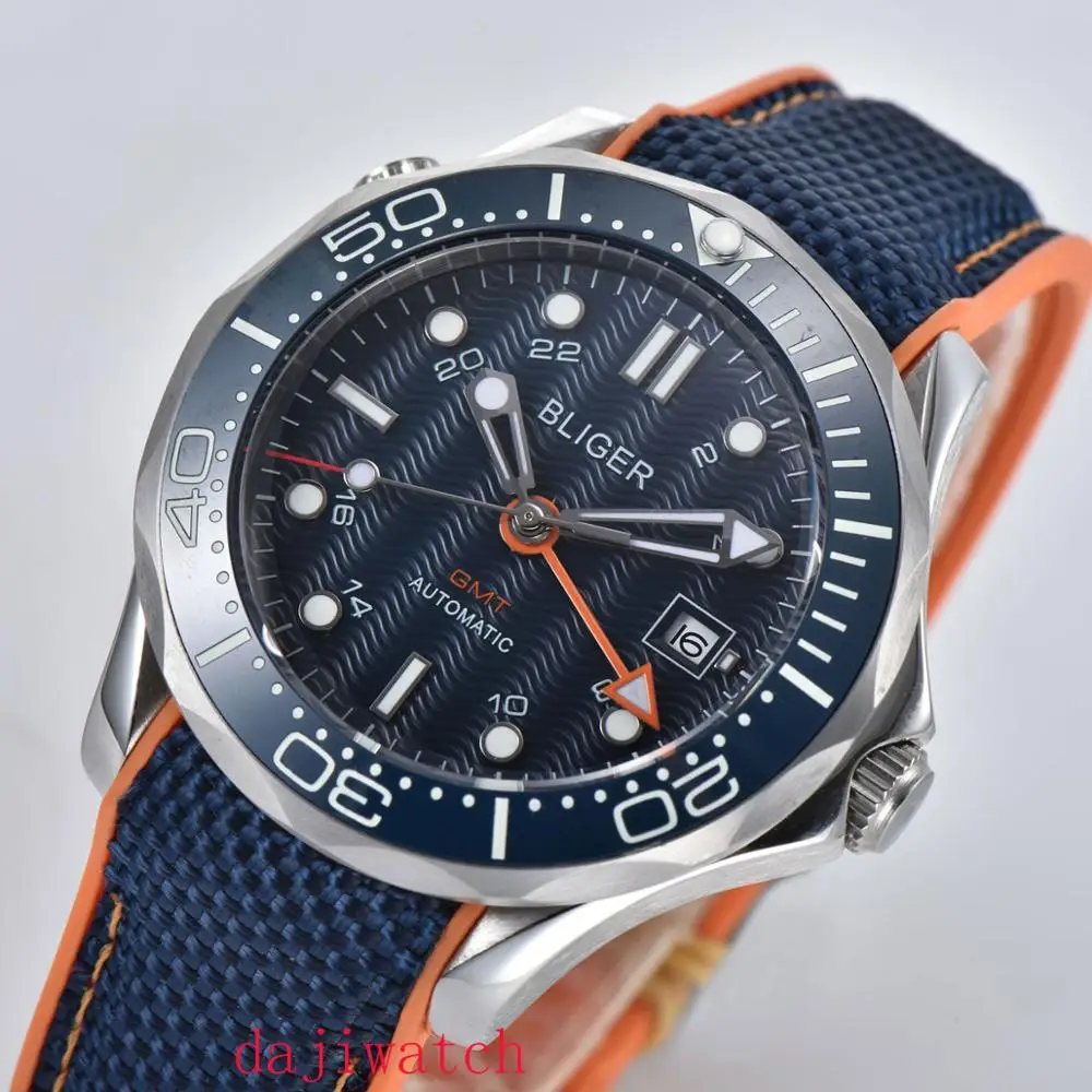 CoRGEUT41mm блигер синий циферблат автоматический часовой механизм GMT Мужская Сапфировая керамика со стразами Панель синий нейлоновый ремень - Цвет: Синий