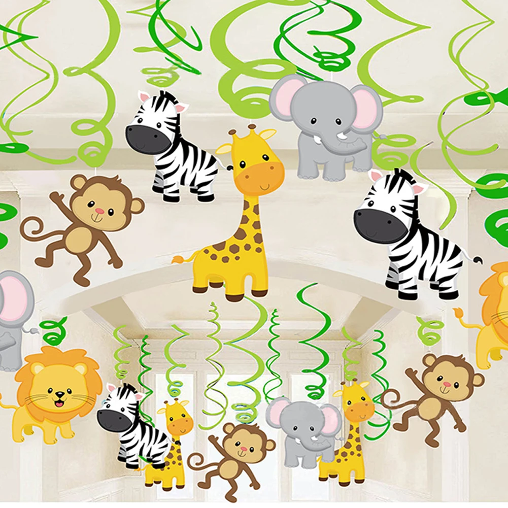 

30pcs Home Jungle Theme Hanging Swirl Set Baby Shower Cute Birthday Ornament Backdrops Party Decor Kids Cartoon Zoo PVC Gift