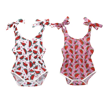 

2020 Cute Baby Bodysuit Infant Newborn Baby Girl Clothes Summer Watermelon print Body suit Lace up Tassel Playsuit Outfits 0-24M