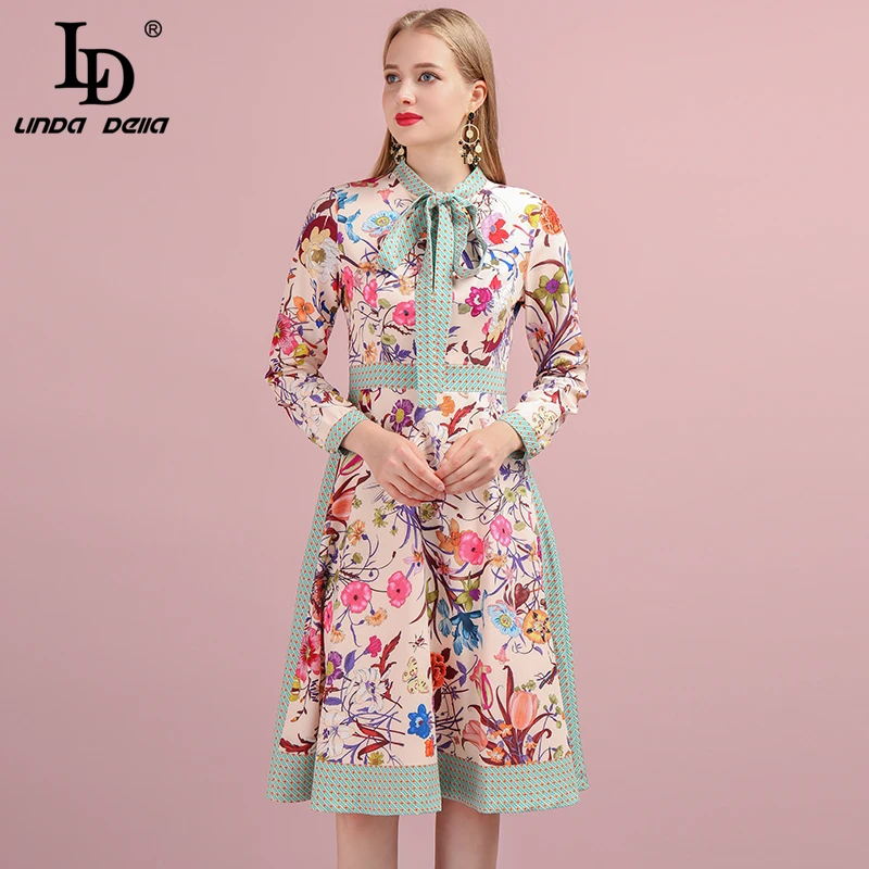 LD LINDA DELLA 2019 Herfst Vrouwen Jurk Runway Fashion Designer Lange Mouw Eenvoudige Boog Bloem Gedrukt Elegante Nieuwe Ladys Jurken LD LINDA DELLA 2019 Herfst Vrouwen Jurk Runway Fashion Designer Lange Mouw Eenvoudige Boog Bloem Gedrukt Elegante Nieuwe Ladys Jurken