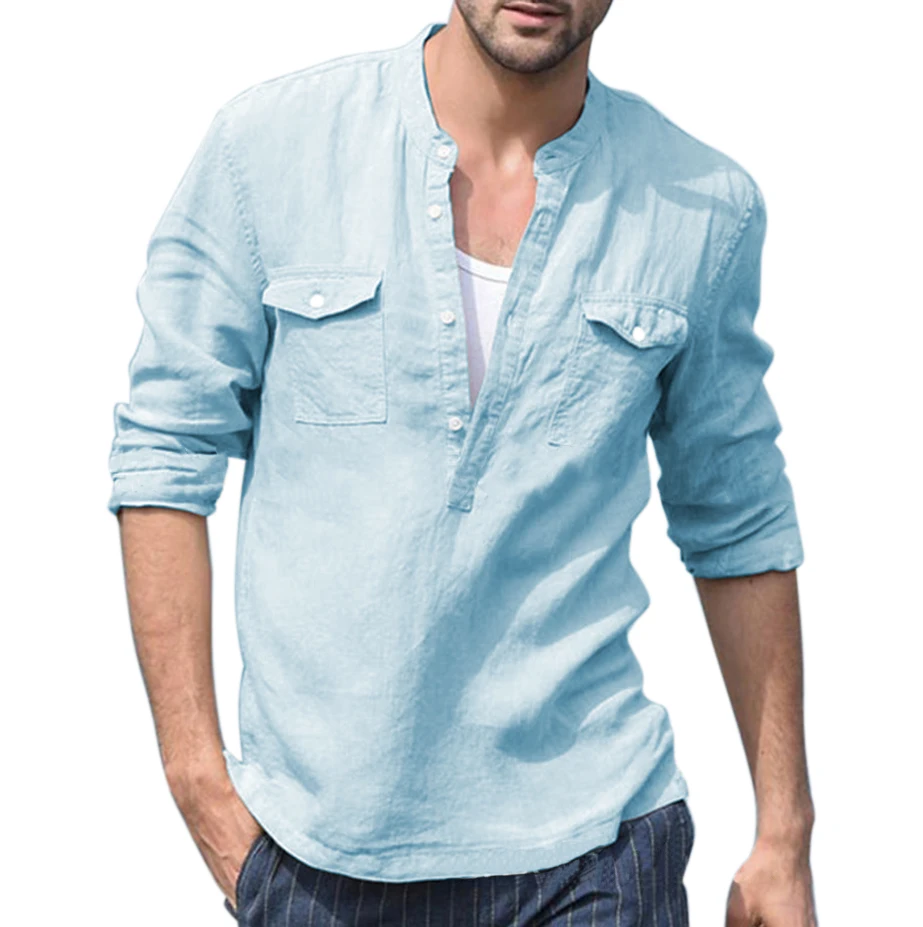 Men Clothes 2019 Button Cotton Linen Long Sleeve Shirts Casual Holiday Street Slim Fit Tops Four Color Mens Sexy V Neck Shirts