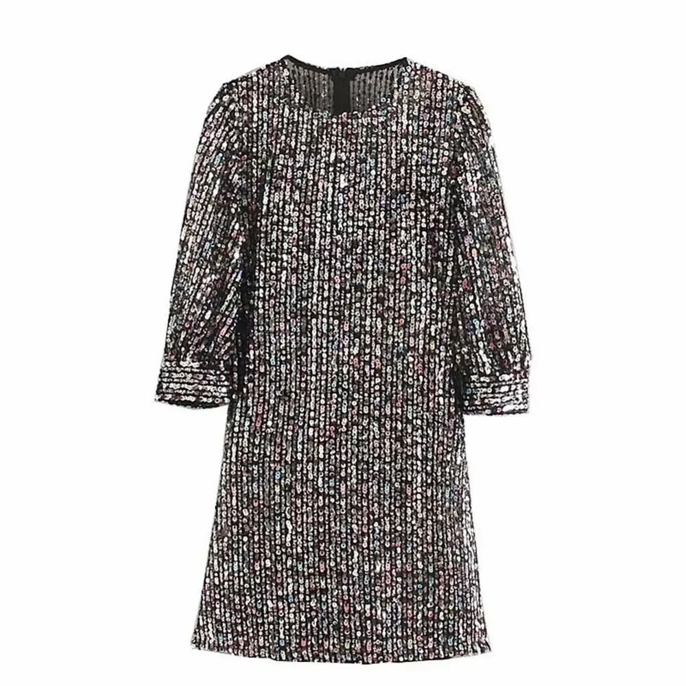Ladyfirsy ZA, платье с круглым вырезом и коротким рукавом, корейское Модное Новое Сексуальное Женское Платье с контрастными пайетками для танцев, Клубное эффектное женское платье - Цвет: 1