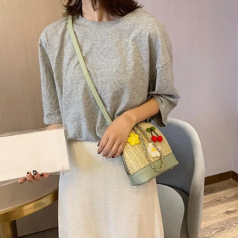 

Fashion Ladies Cherry Flower Decor Shoulder Messenger Handbags Casual PU Leather Women Small Woven Shell Crossbody Bags