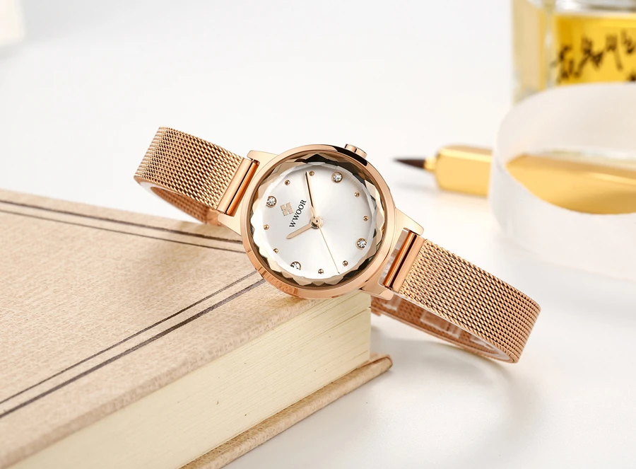 WWOOR, роскошные женские часы из розового золота, водонепроницаемые женские кварцевые часы из нержавеющей стали с сетчатым ремешком, повседневный браслет, Подарочная коробка