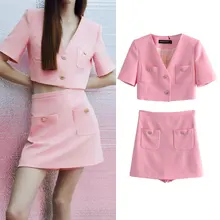 

Pink Short-sleeved Suit Jacket + Short Skirt Pants High Waist Mini Temperament Casual 2021 Spring Summer New Women Suit OL Style