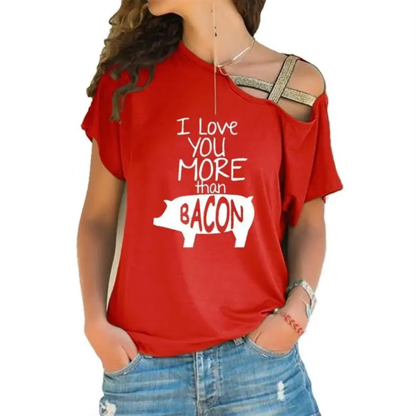 

New Arrival Cross Bandage T-Shirt For Women I Love You More Than Bacon Letters Print Plus Size Cotton T-Shirt Harajuku Casual