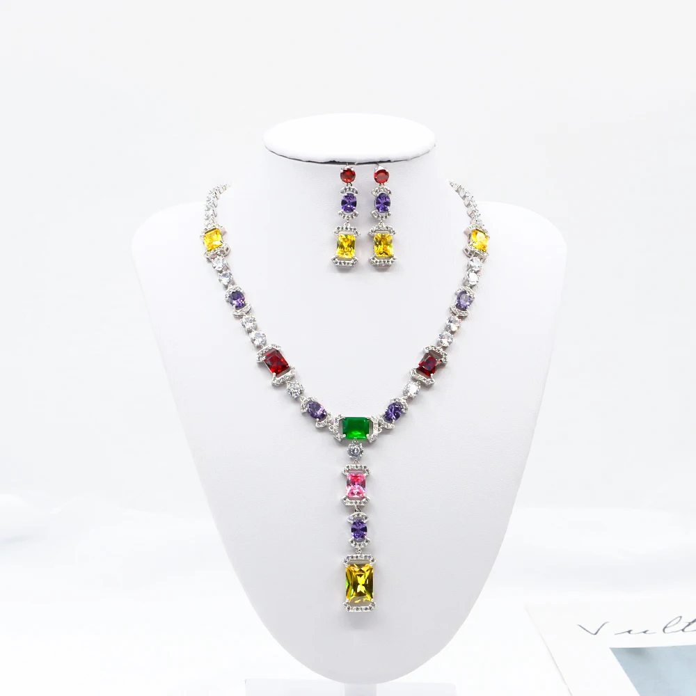

Hollow Square Jewelry Set Shiny High Quality Crystal Big Square Elegant Retro Women's Necklace Earrings Fashion Set Wedding Gift