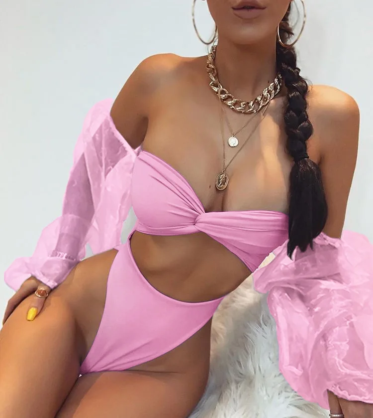 Взрывной шифон длинный рукав крест бикини набор Ms. сплошной цвет цельный купальник Высокая талия Купальник стринги полые бикини