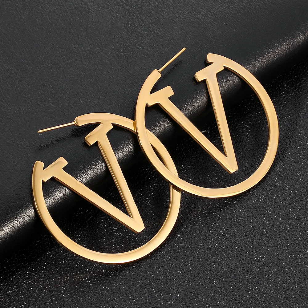 Punk Metal Round Letter V Hoop Earrings Gold Color Hollow