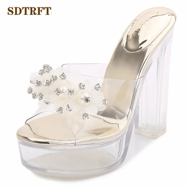 

SDTRFT Summer ladies Nightclub shoes woman sandals Transparent Platform Sexy 13cm Thick High Heels PVC Pearl diamond Slipper