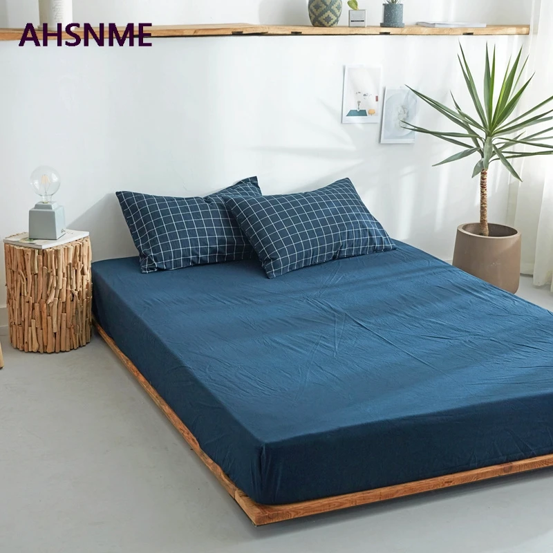 

AHSNME Navy blue 100% Cotton sheets Super Soft parure de lit Cool Summer Simple Water Fitted Sheet 100/120/135/150/200/180/200cm