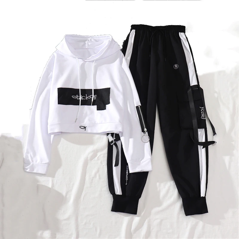 2021 primavera otoño mujer Streetwear carga sueltos pantalones de cintura alta pantalón de mujer 2 pieza Top de manga larga con pantalones Casuales